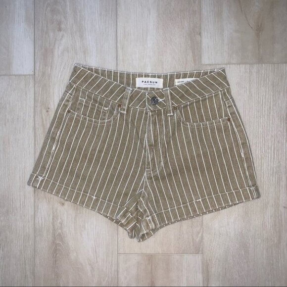 PacSun Shorts Size 24 Striped Tan White Cotton Denim High Waisted Mom NWOT - Picture 2 of 6